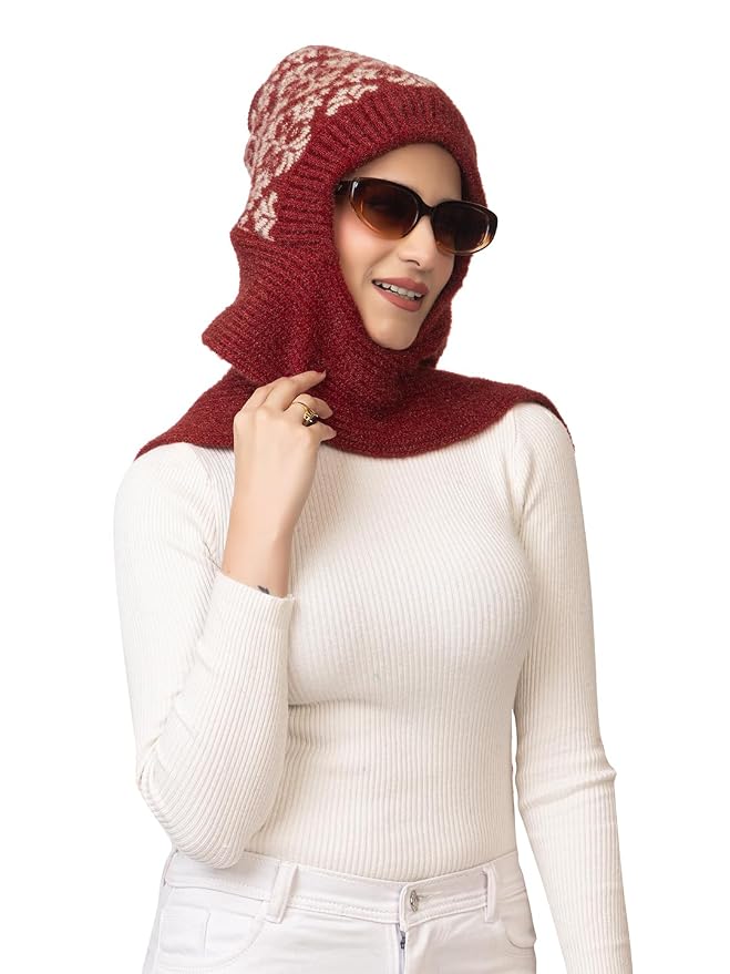 Women's Wool Blend Cap with Muffler - Maroon | Amoldo