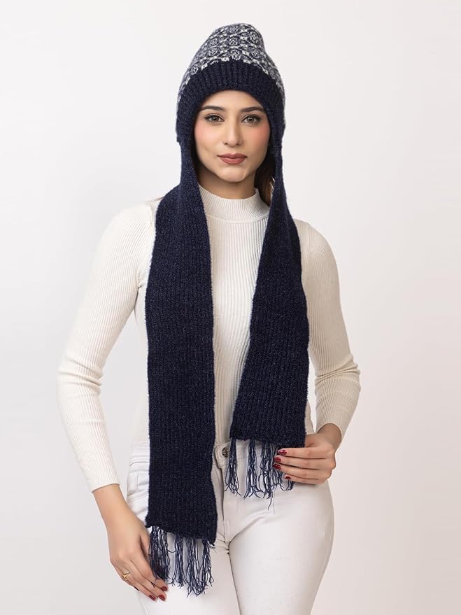 Women's Wool Blend Cap with Muffler - Navy | Amoldo