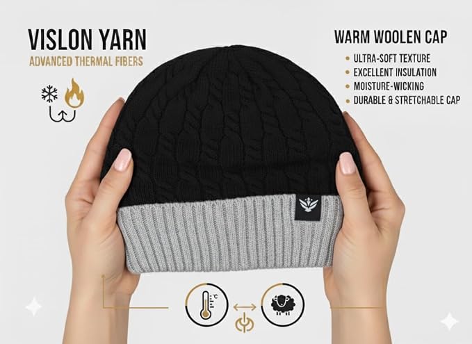 Unisex Woolen Winter Cap | Warm Knit Beanie - Black