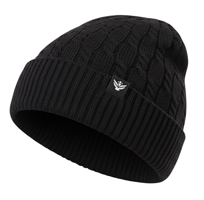 Unisex Black Winter Wool Cap | Warm Soft Stretch Beanie with Braid Design