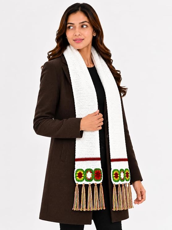 AMOLDO Women’s Handmade Crochet Winter Scarf with Floral Tassels