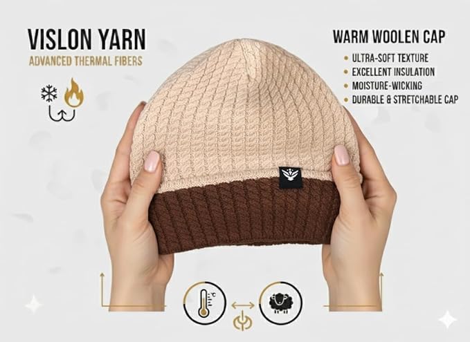 Unisex Woolen Winter Cap | Warm Knit Beanie - Beige