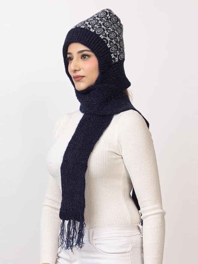 Women's Wool Blend Cap with Muffler - Navy | Amoldo