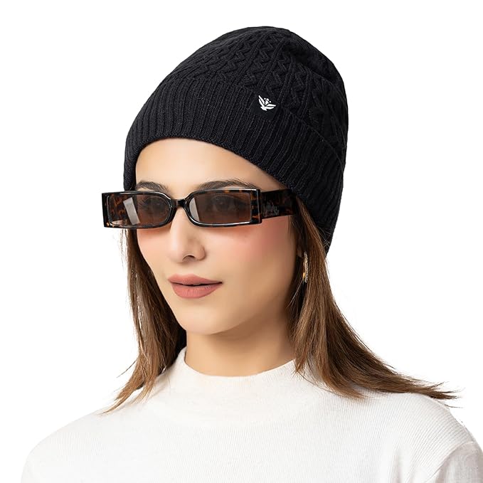 Unisex Woolen Beanie Cap | Warm Winter Hat | Zigzag Design - Black