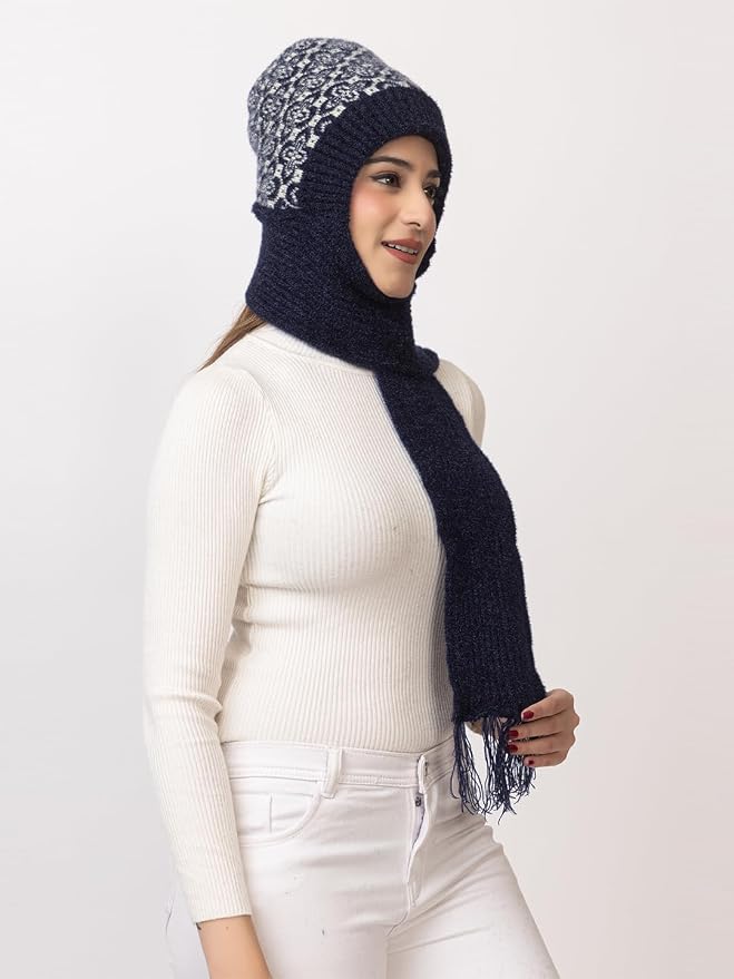 Women's Wool Blend Cap with Muffler - Navy | Amoldo