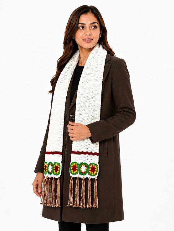 AMOLDO Women’s Handmade Crochet Winter Scarf with Floral Tassels