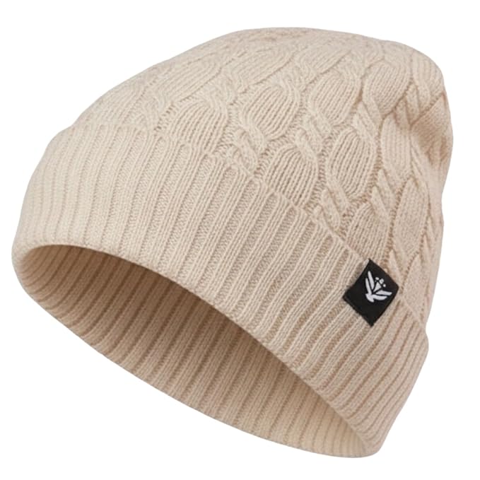Unisex Beige Winter Wool Cap | Warm Soft Stretch Beanie with Braid Design