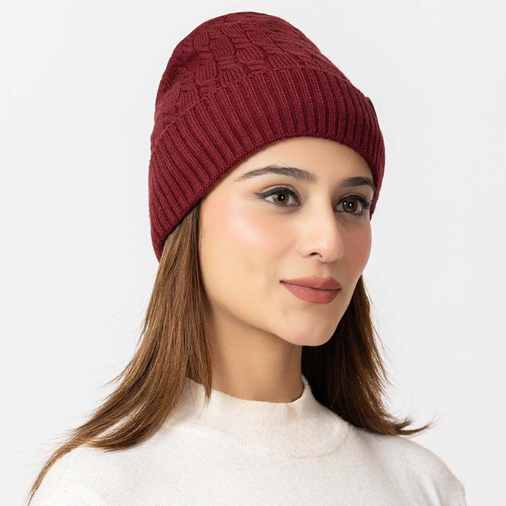 Unisex Maroon Winter Wool Cap | Warm Soft Stretch Beanie with Braid Design
