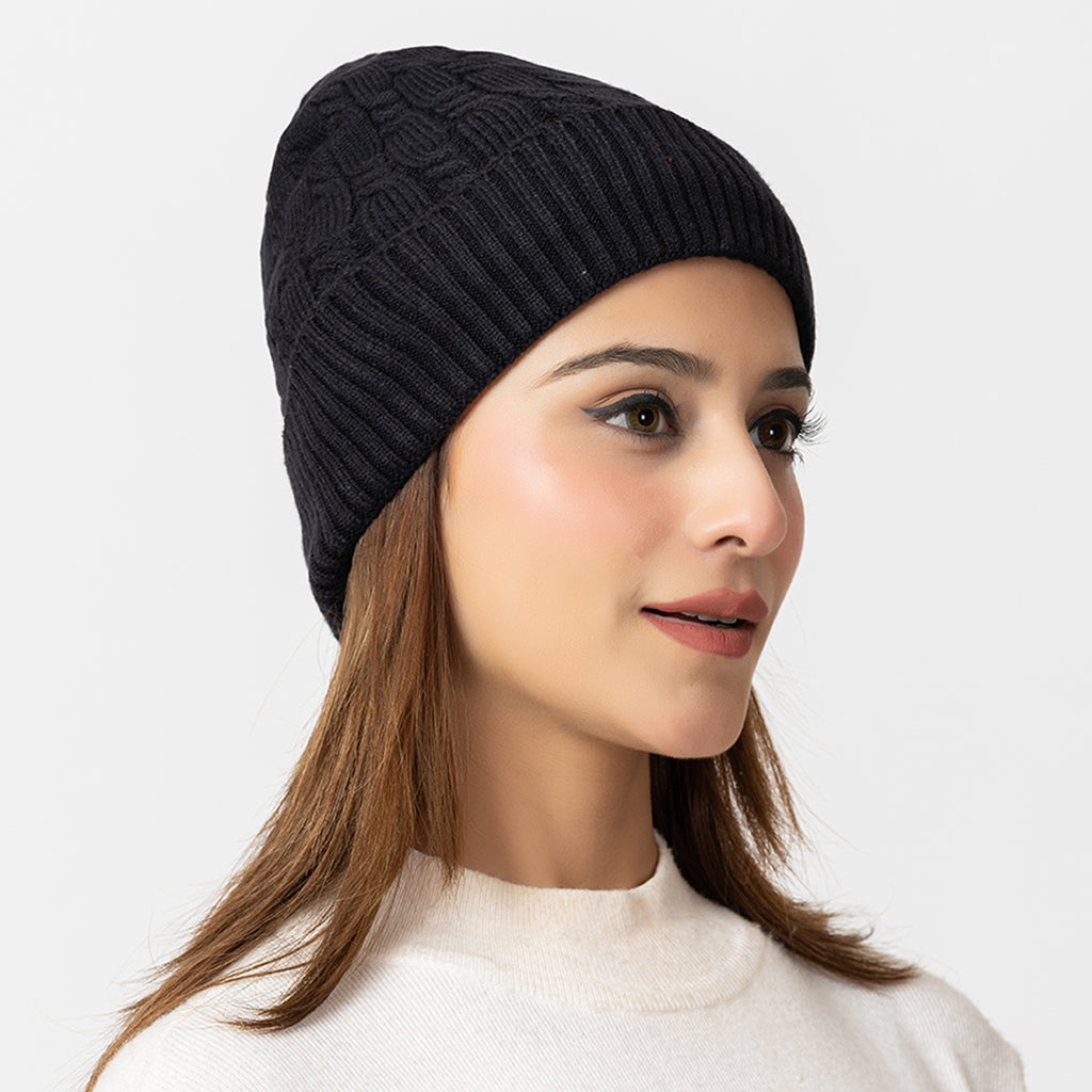 Unisex Black Winter Wool Cap | Warm Soft Stretch Beanie with Braid Design