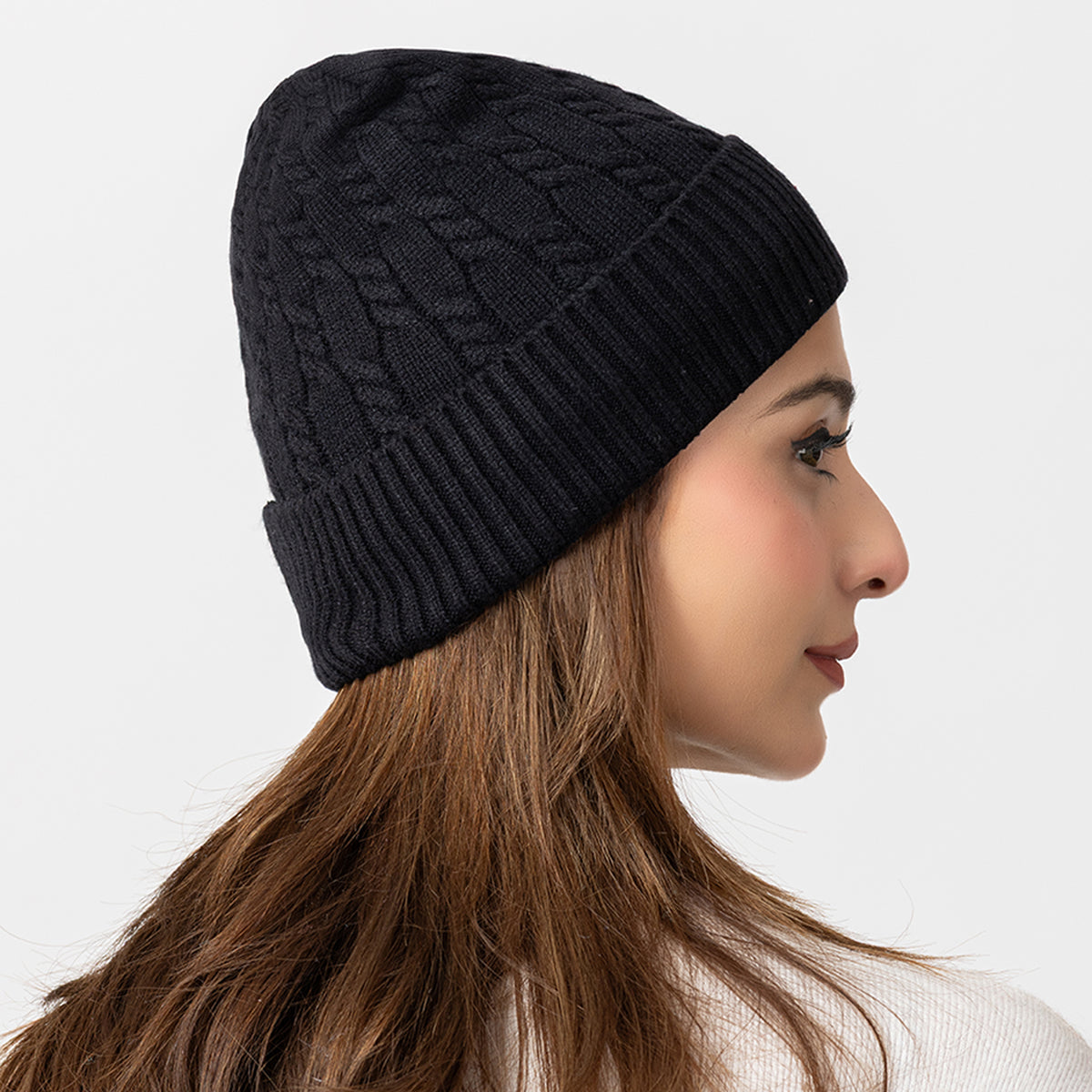 Unisex Black Winter Wool Cap | Warm Soft Stretch Beanie with Braid Design