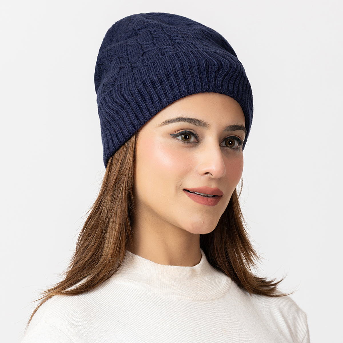 Unisex Dark Blue Winter Wool Cap | Warm Soft Stretch Beanie with Braid Design