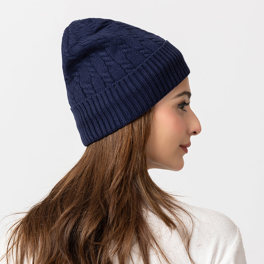 Unisex Dark Blue Winter Wool Cap | Warm Soft Stretch Beanie with Braid Design
