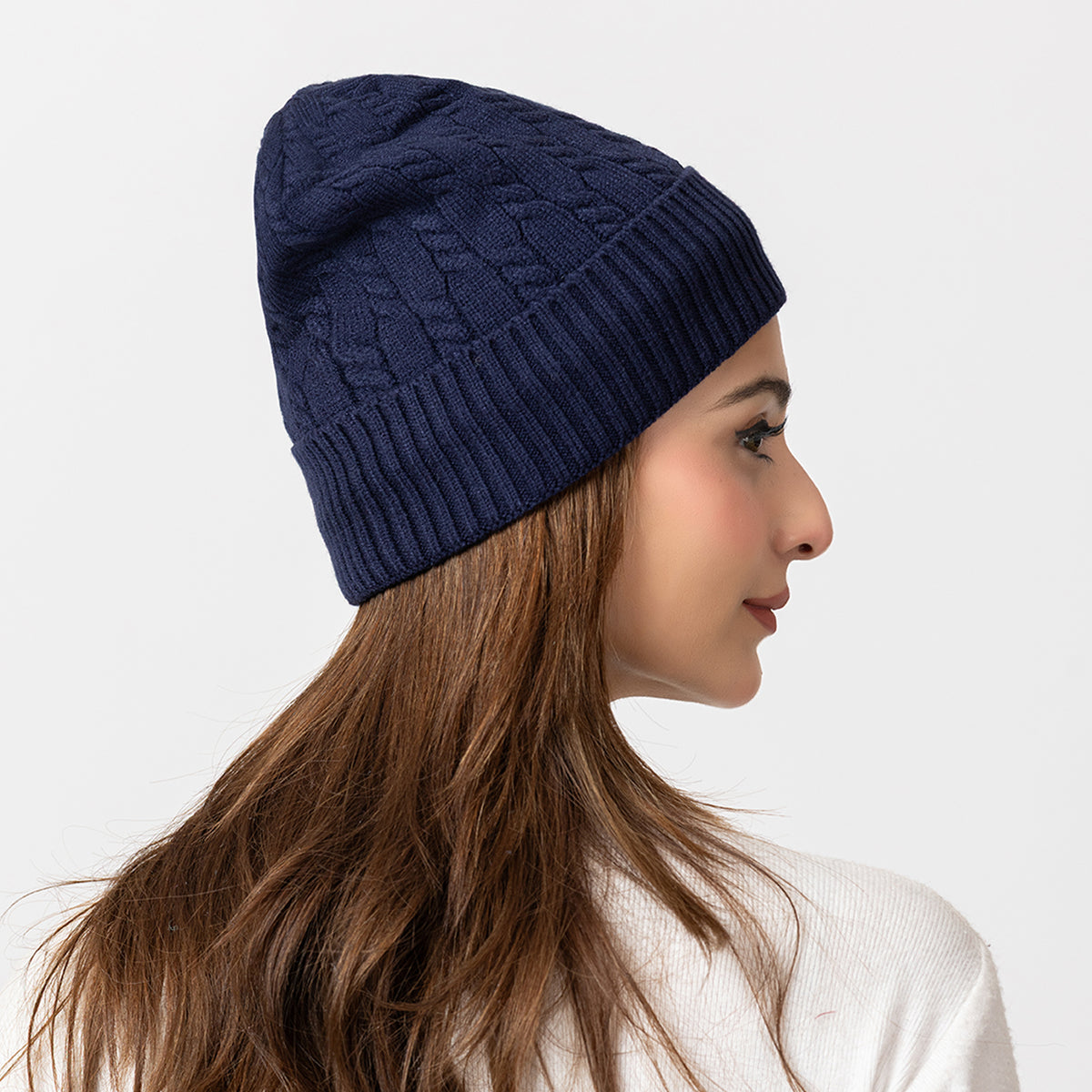 Unisex Dark Blue Winter Wool Cap | Warm Soft Stretch Beanie with Braid Design