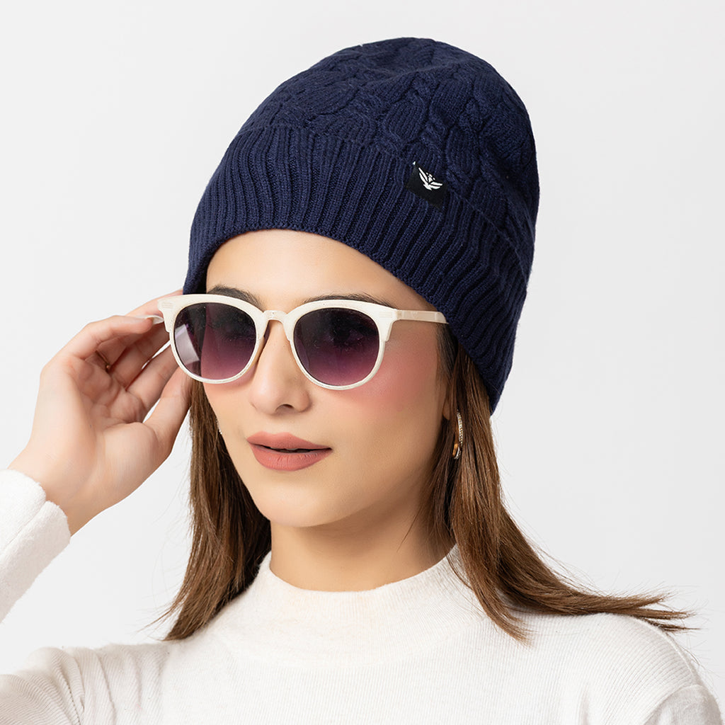 Unisex Dark Blue Winter Wool Cap | Warm Soft Stretch Beanie with Braid Design
