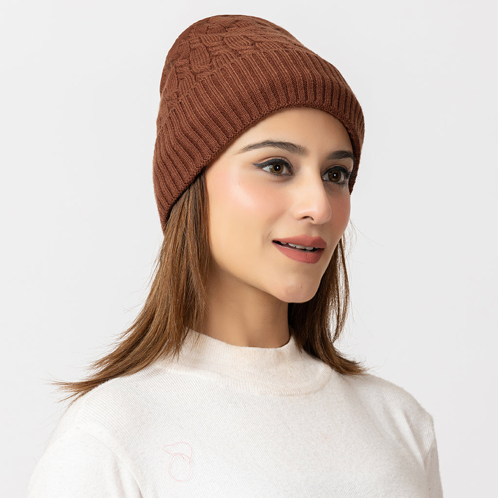 Unisex Brown Winter Wool Cap | Warm Soft Stretch Beanie with Braid Design