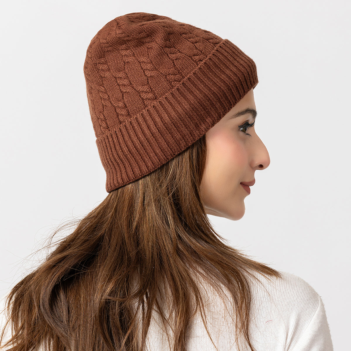 Unisex Brown Winter Wool Cap | Warm Soft Stretch Beanie with Braid Design