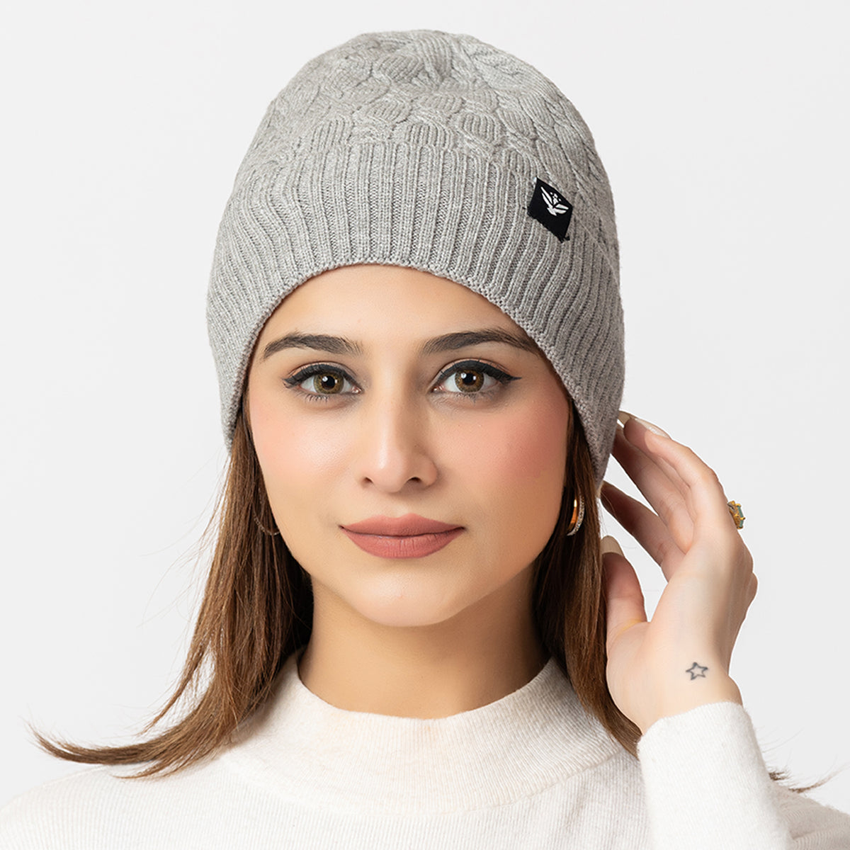 Unisex Grey Winter Wool Cap | Warm Soft Stretch Beanie with Braid Design