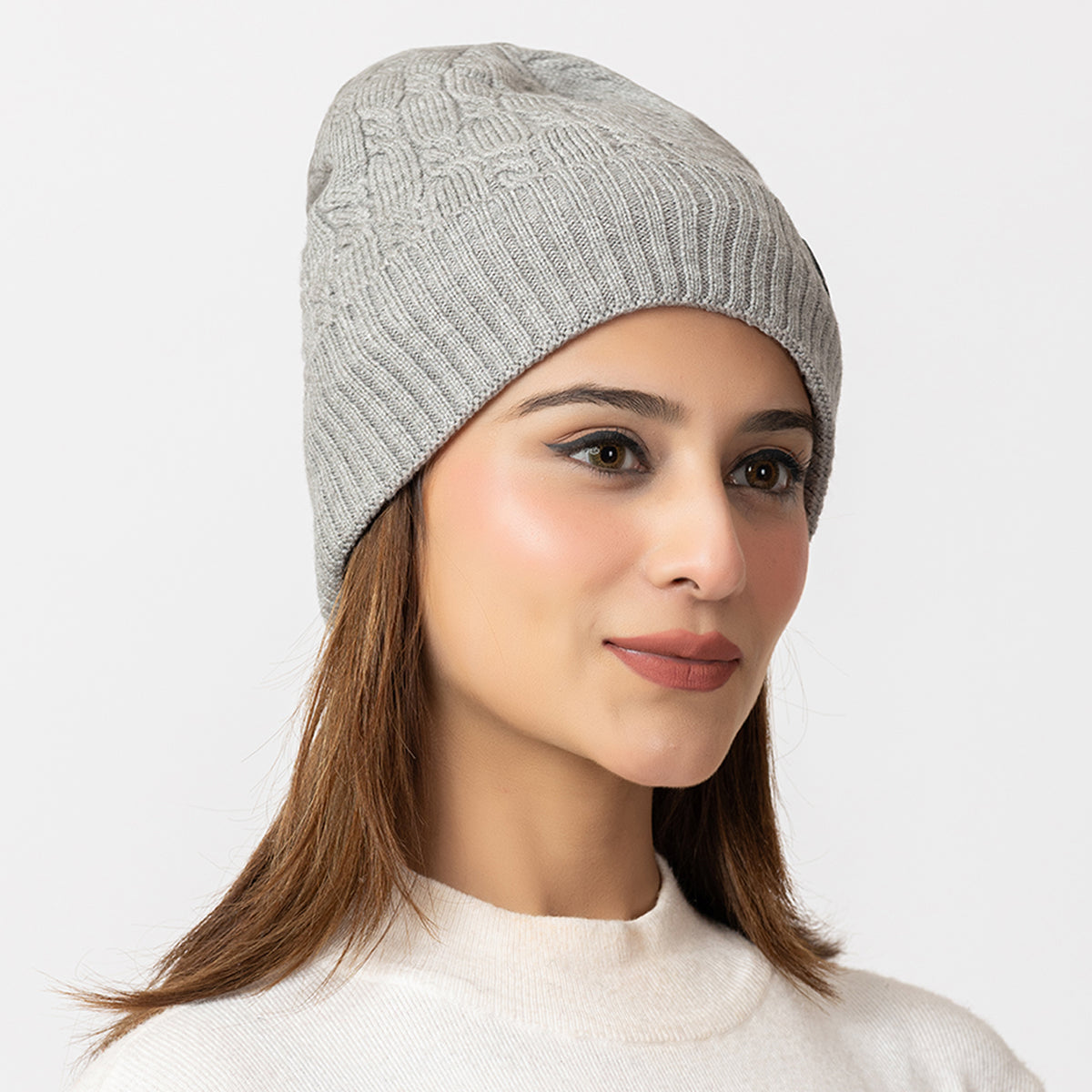 Unisex Grey Winter Wool Cap | Warm Soft Stretch Beanie with Braid Design