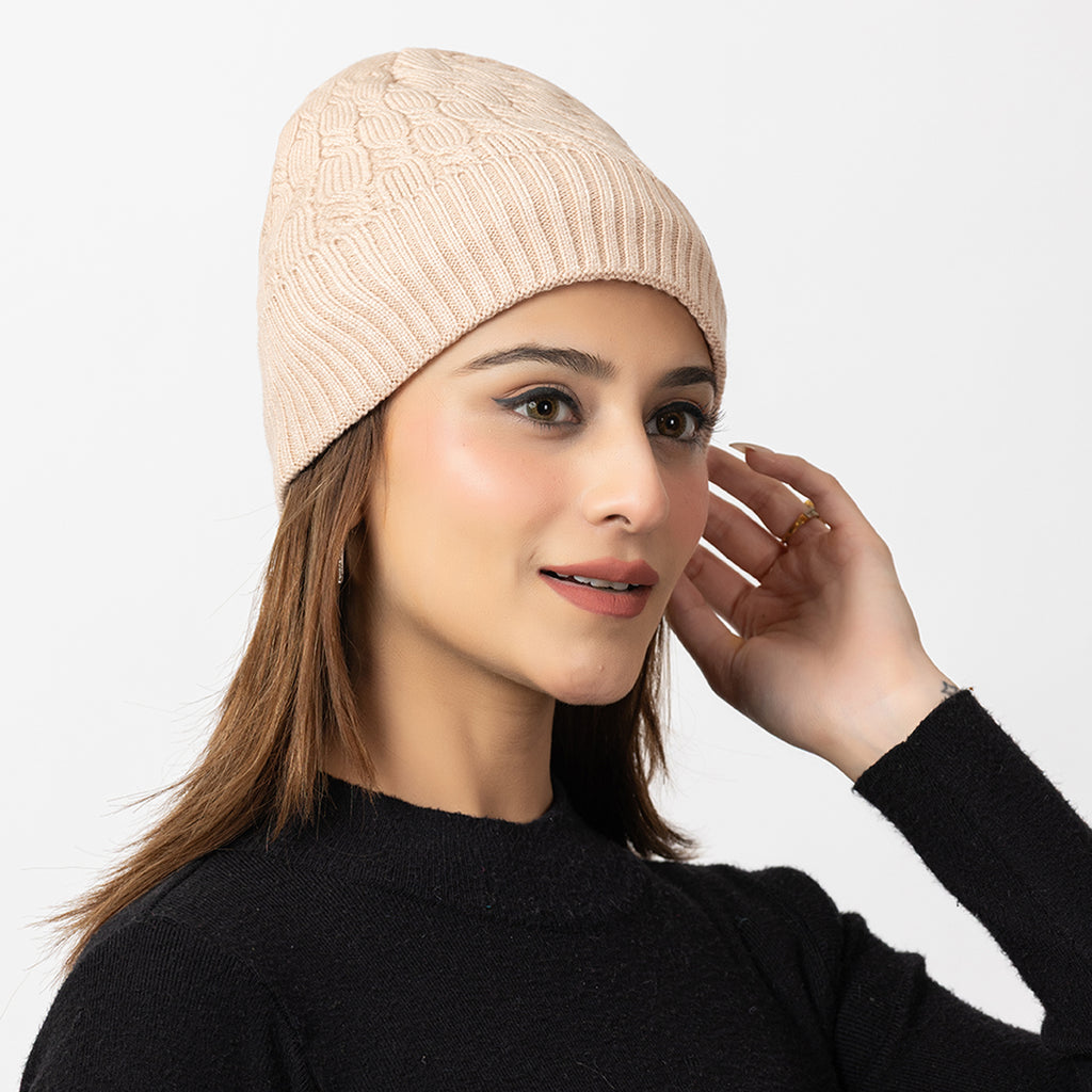 Unisex Beige Winter Wool Cap | Warm Soft Stretch Beanie with Braid Design