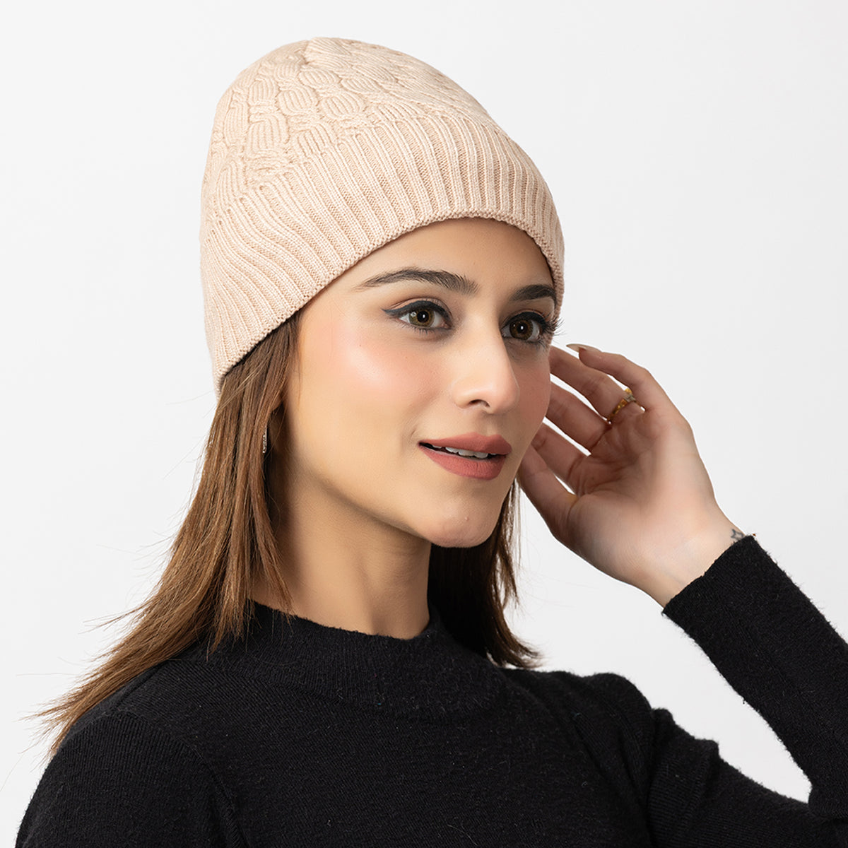 Unisex Beige Winter Wool Cap | Warm Soft Stretch Beanie with Braid Design