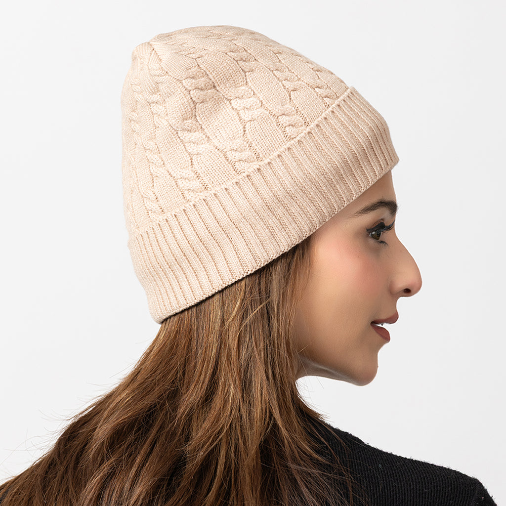 Unisex Beige Winter Wool Cap | Warm Soft Stretch Beanie with Braid Design