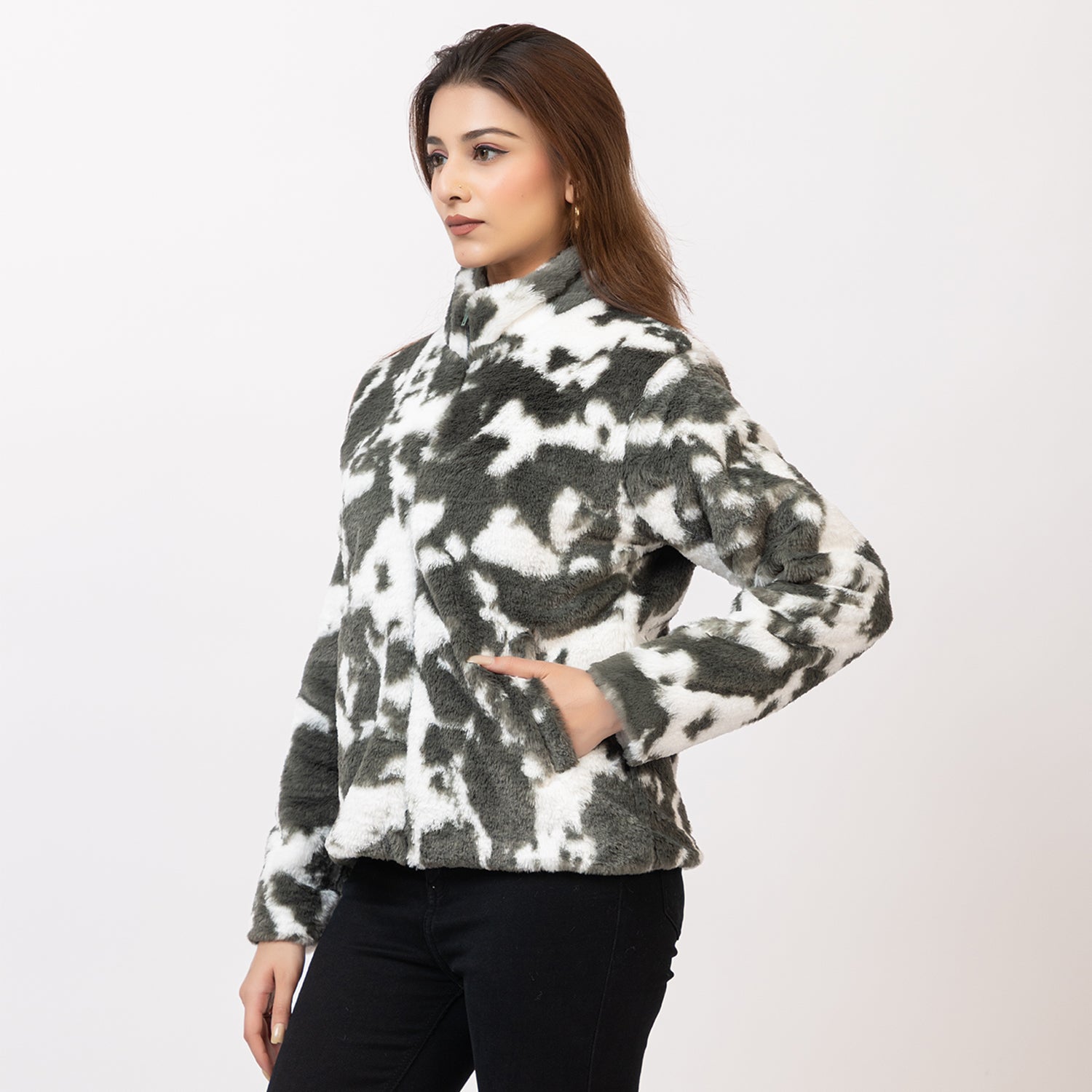 Woman wearing a tie-dye jacket on a white background Amoldo
