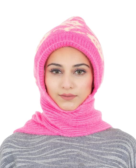 Woolen Printed Muffler Cap for Women- Pink | AMOLDO