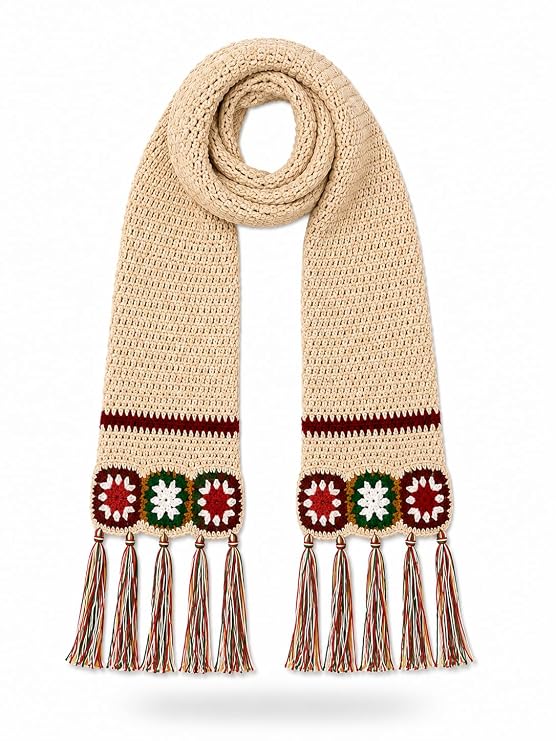 AMOLDO Women’s Handmade Crochet Winter Scarf with Floral Tassels