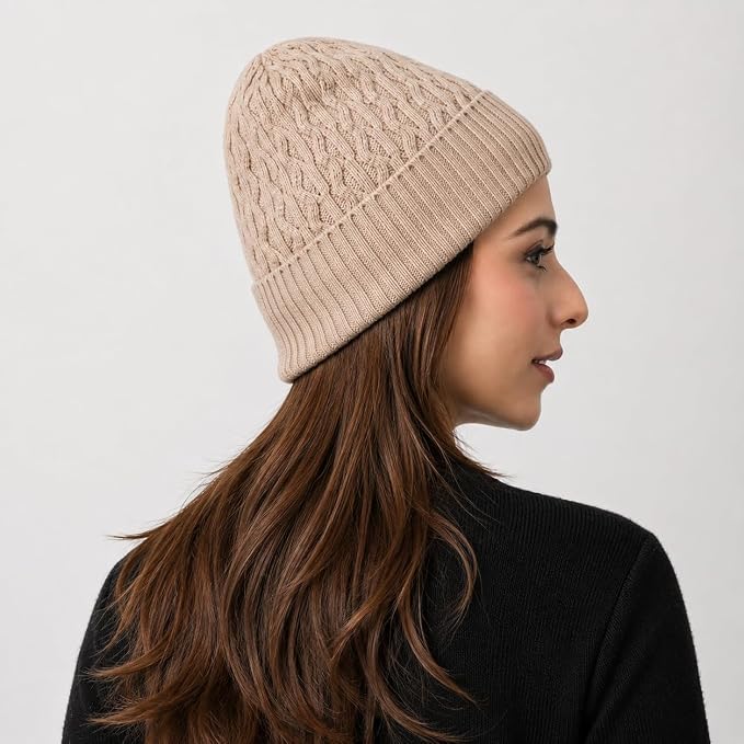 Unisex Woolen Beanie Cap | Warm Winter Hat | Zigzag Design - Beige
