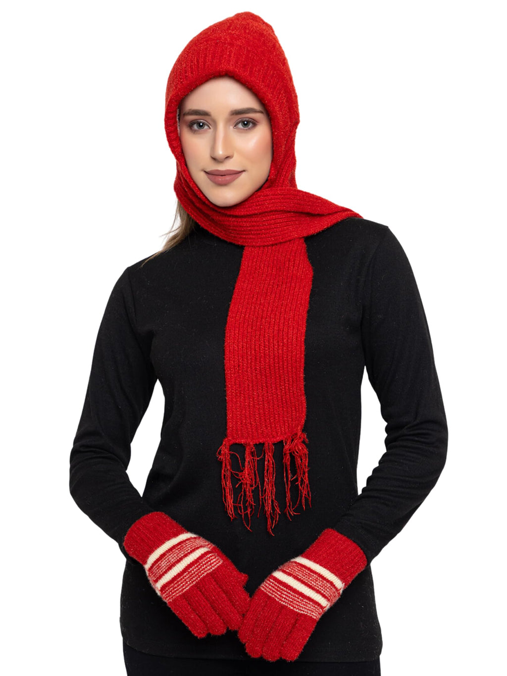 AMOLDO Women's Soft Knit Fur Cap with Muffler and Gloves Combo | Red
