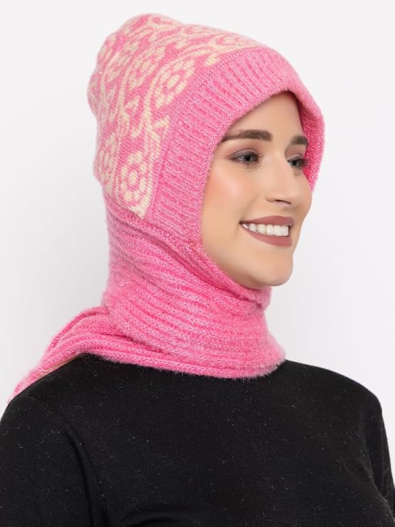 AMOLDO Women's Soft Knit Fur Cap with Muffler and Gloves Combo | Pink