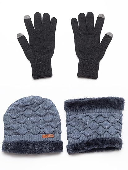 Woolen Knit Unisex Beanie Cap and Neck Warmer Set with Double Fur Lining and Gloves Combo - Grey