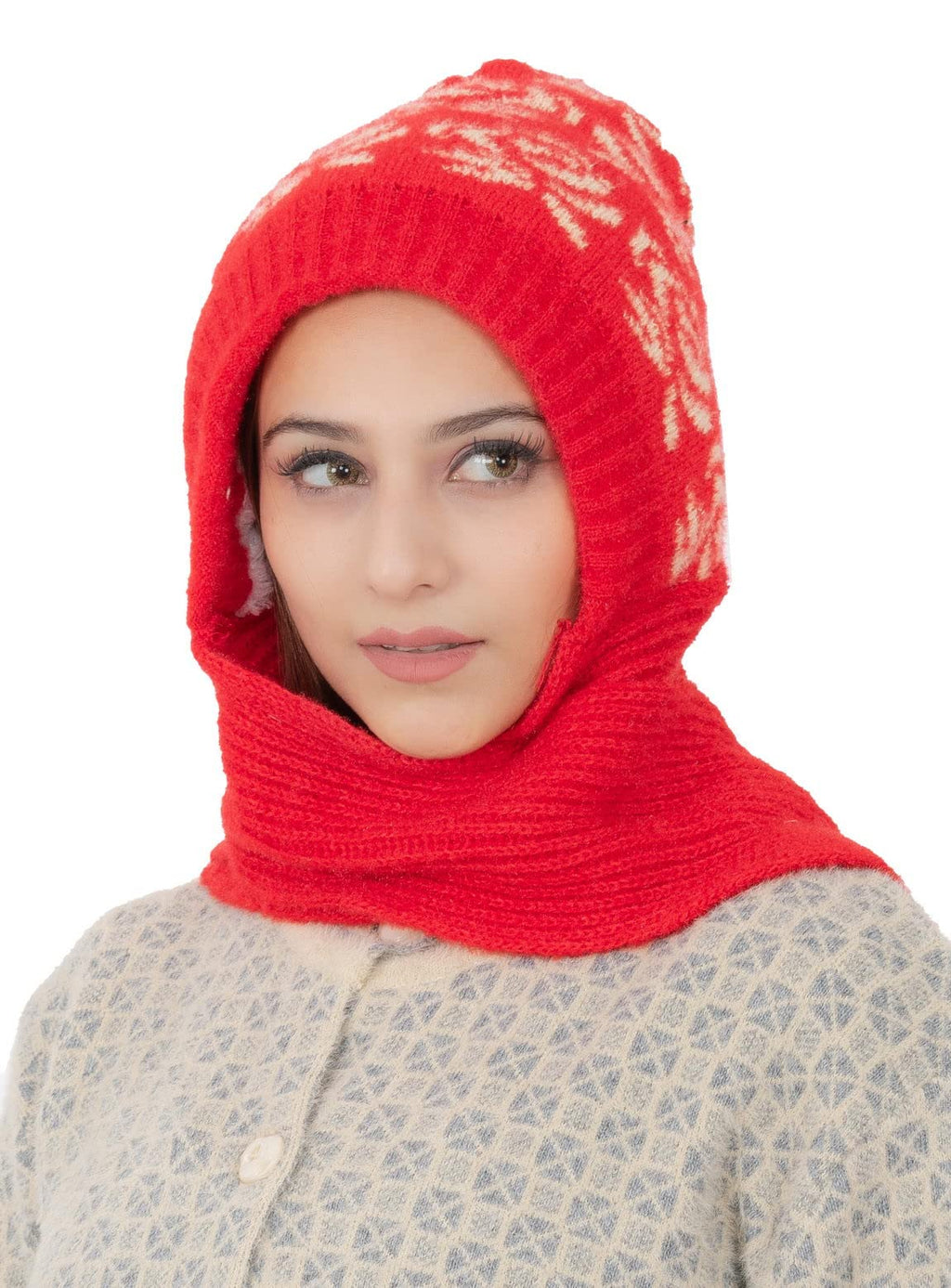 AMOLDO Women's Soft Knit Fur Cap with Muffler and Gloves Combo | Red