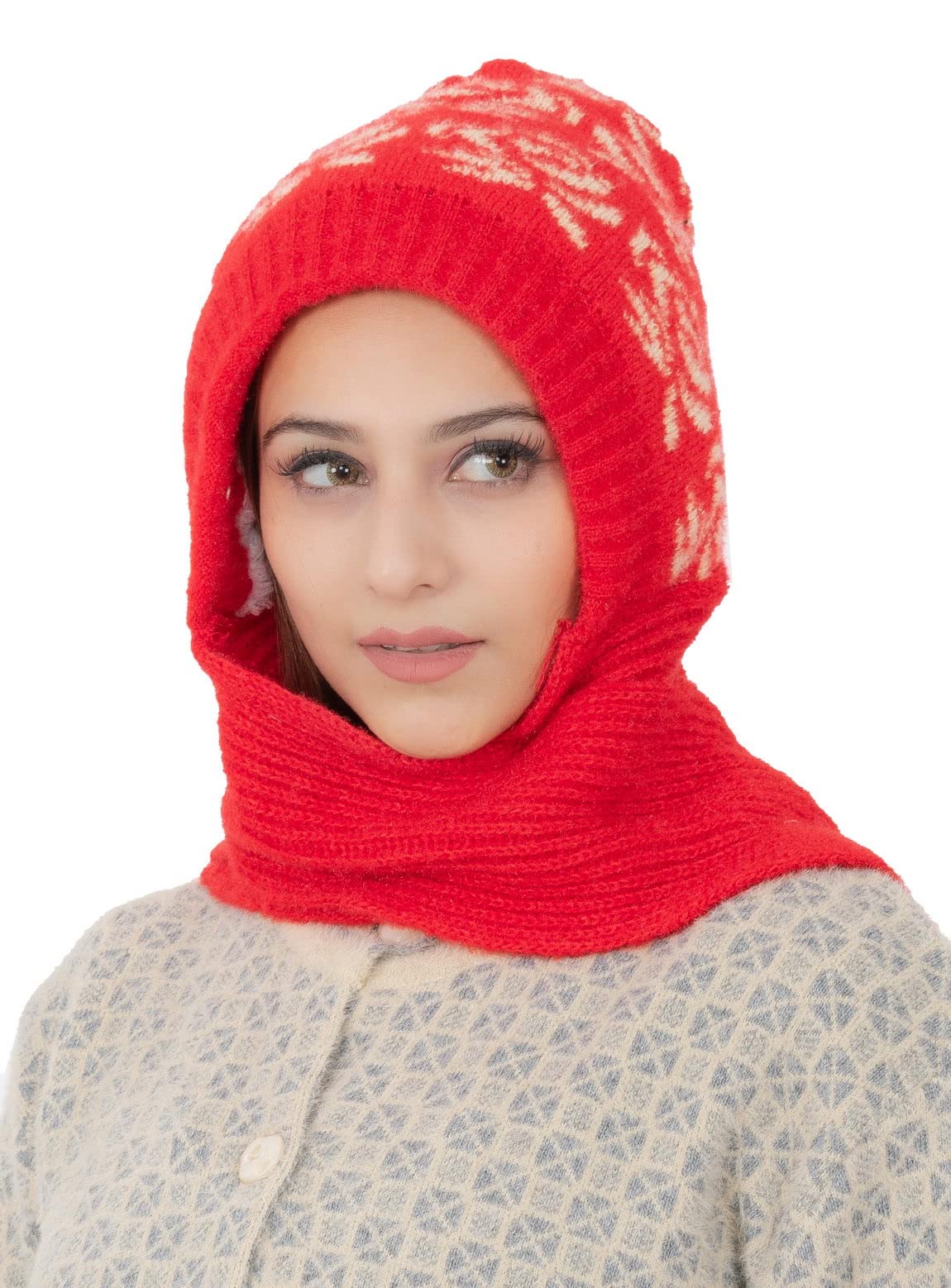 AMOLDO Women's Soft Knit Fur Cap with Muffler and Gloves Combo | Red