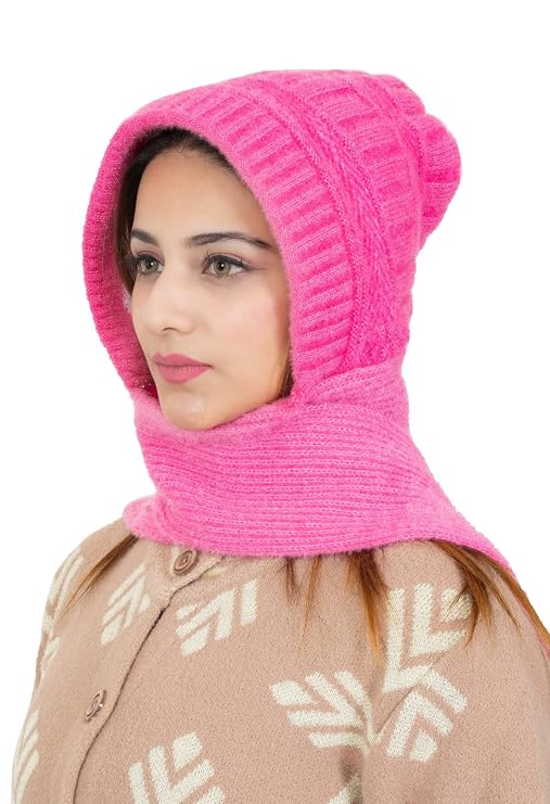 AMOLDO Women's Soft Knit Fur Cap with Muffler and Gloves Combo | Pink