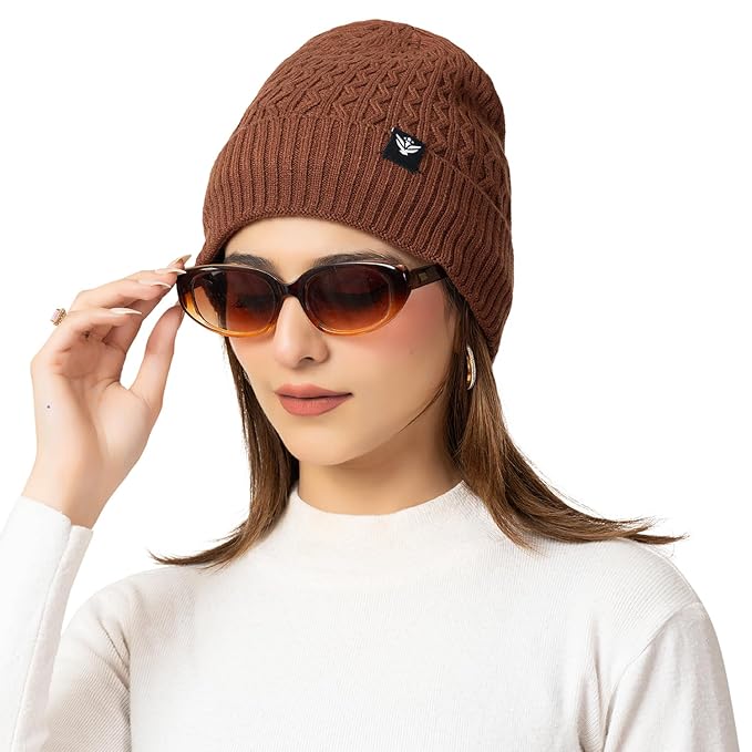 Unisex Woolen Beanie Cap | Warm Winter Hat | Zigzag Design - Brown
