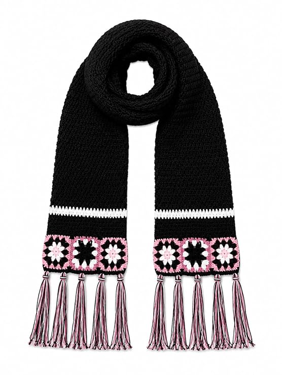 AMOLDO Women’s Handmade Crochet Winter Scarf with Floral Tassels