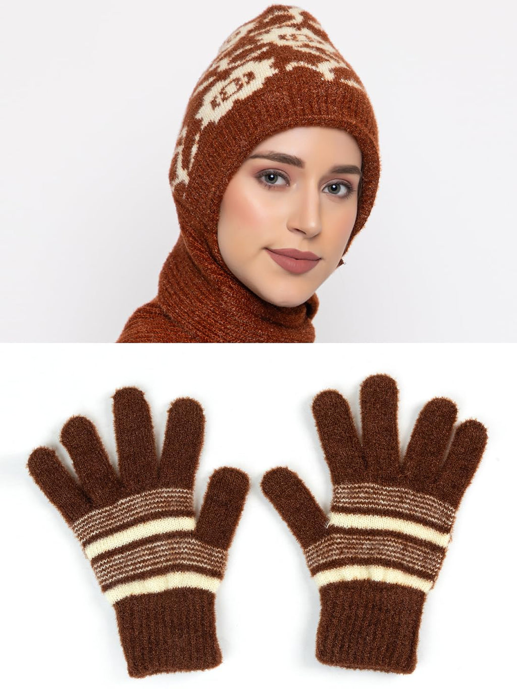 AMOLDO Women's Soft Knit Fur Cap with Muffler and Gloves Combo | Brown