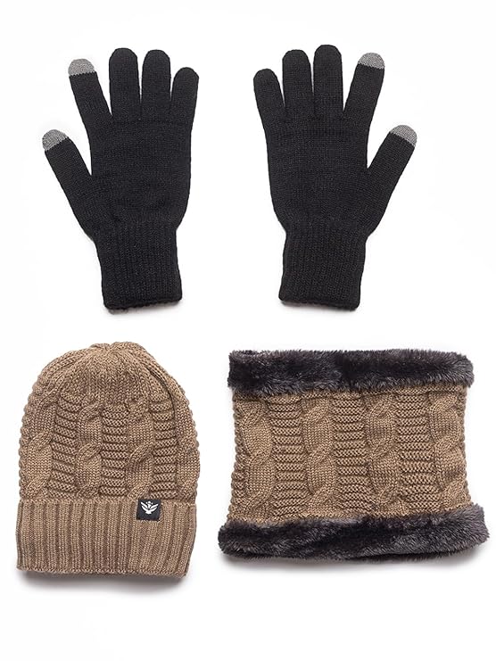 beige beanie neck set with gloves