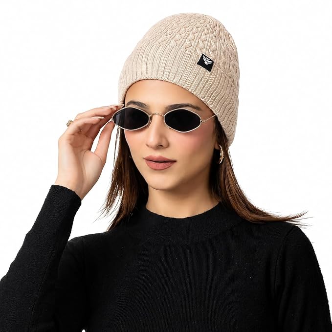 Unisex Woolen Beanie Cap | Warm Winter Hat | Zigzag Design - Beige