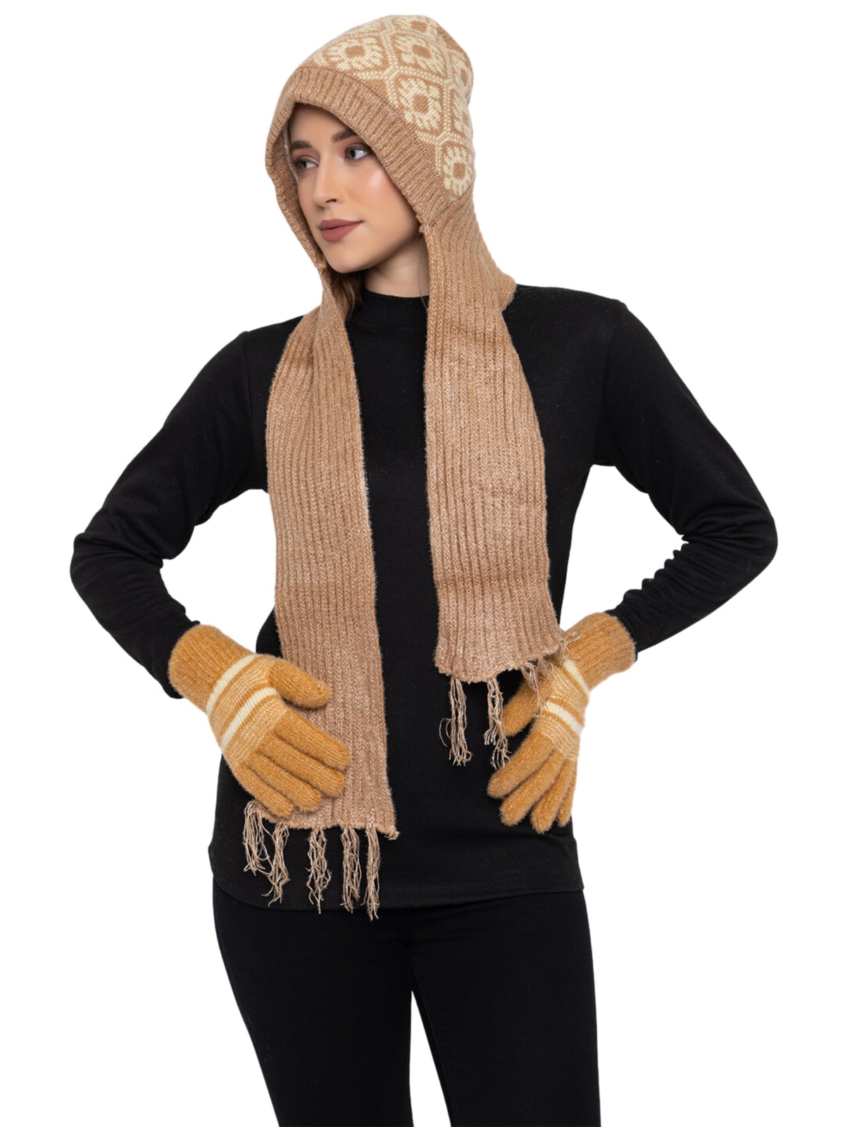AMOLDO Women's Soft Knit Fur Cap with Muffler and Gloves Combo | Beige