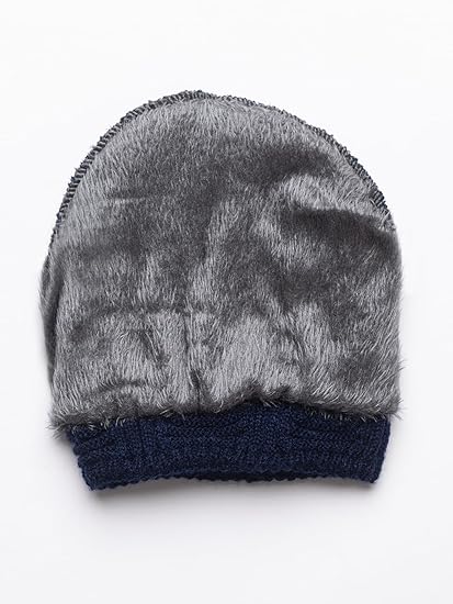 Unisex Winter Woolen Beanie Cap with Criss-Cross Design and Fur Lining – Navy