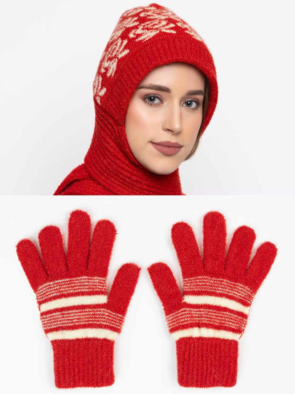 AMOLDO Women's Soft Knit Fur Cap with Muffler and Gloves Combo | Red