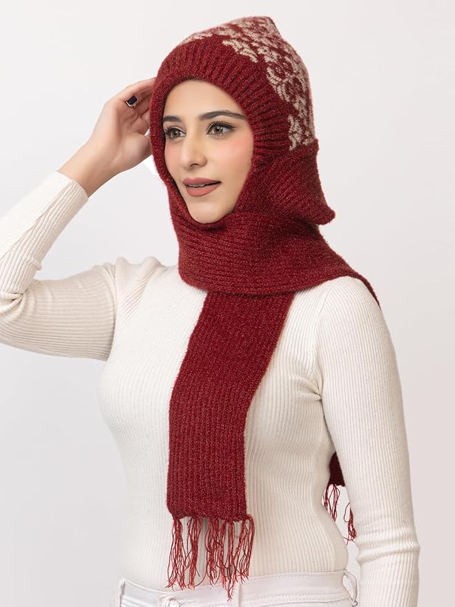 Women's Wool Blend Cap with Muffler - Maroon | Amoldo