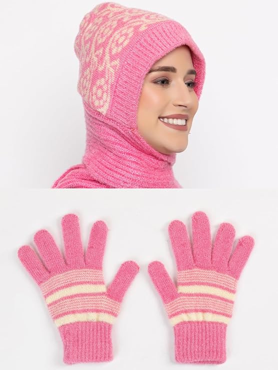 AMOLDO Women's Soft Knit Fur Cap with Muffler and Gloves Combo | Pink