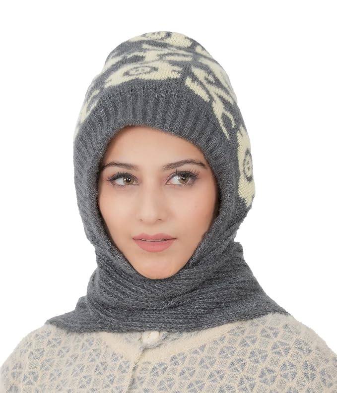 AMOLDO Women's Soft Knit Fur Cap with Muffler and Gloves Combo | Grey