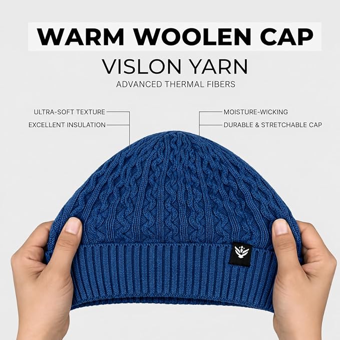 Unisex Woolen Beanie Cap | Warm Winter Hat | Zigzag Design - Airforce