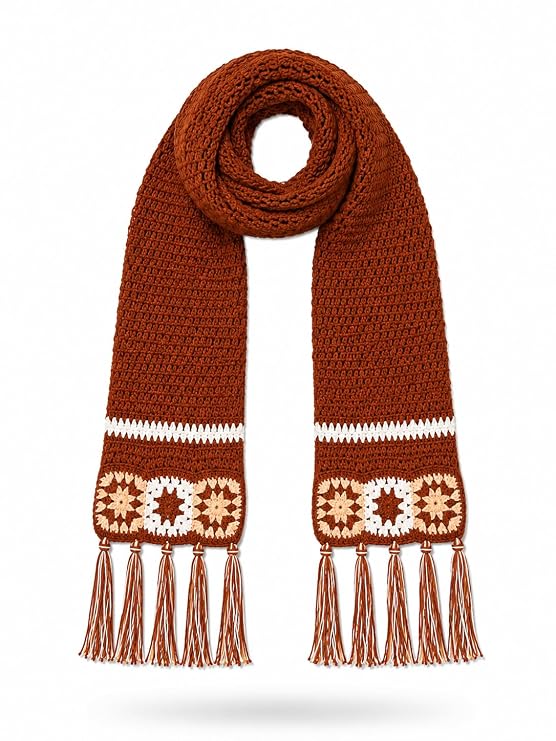 AMOLDO Women’s Handmade Crochet Winter Scarf with Floral Tassels