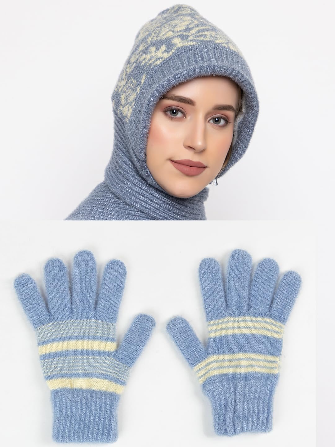 AMOLDO Women's Soft Knit Fur Cap with Muffler and Gloves Combo | Light Grey