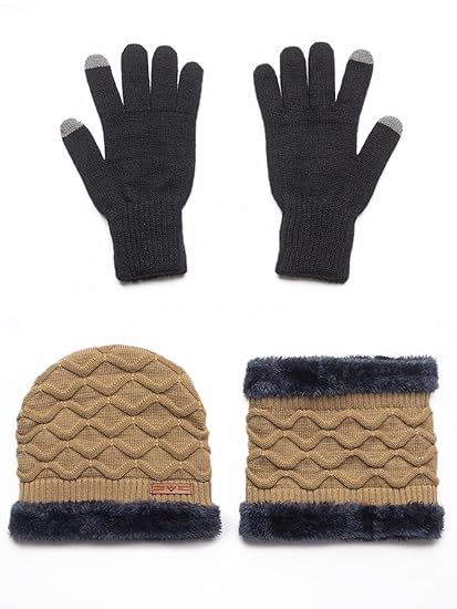 beige beanie neck set with gloves double